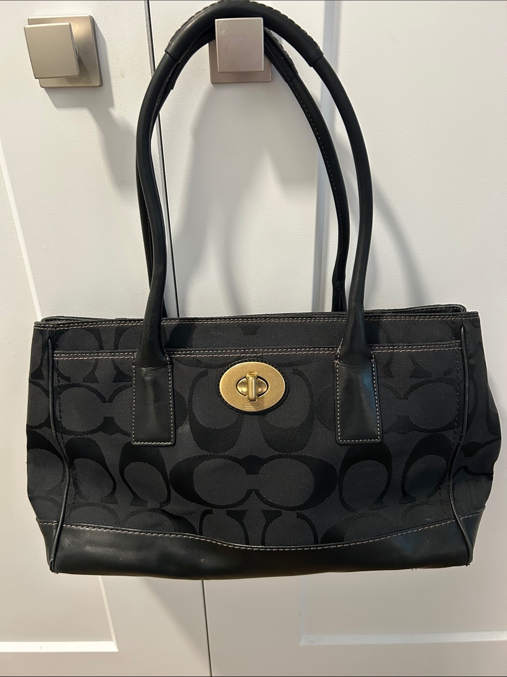 Coach Hampton  Black Signature Shoulder Tote with Gold Turn-Lock